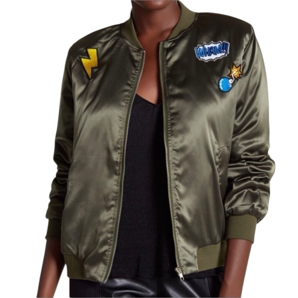 Elodie Women’s Olive Green Patchwork Crewneck Super Soft Zip Bomber Jacket SZ S